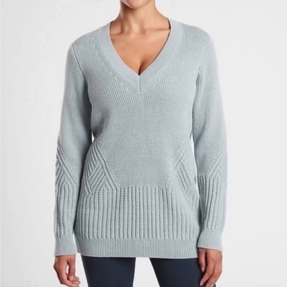 Athleta Teton Blue Gray Knit Pullover V-neck Sweater